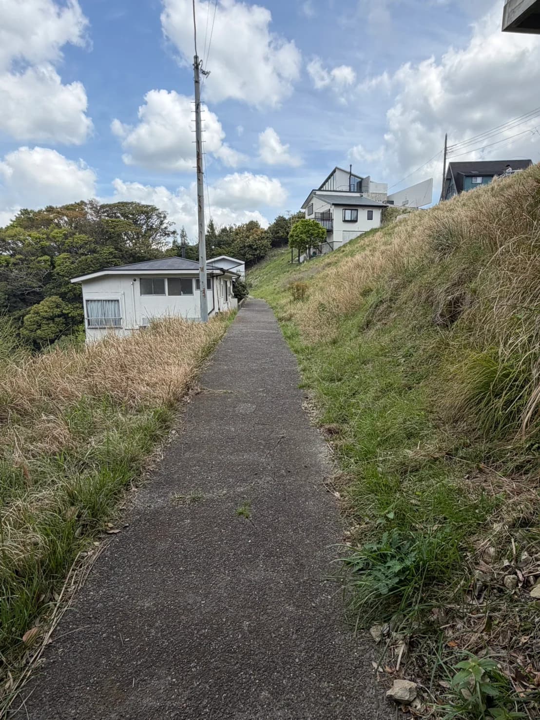 現地周辺の道と斜面、周囲の建物