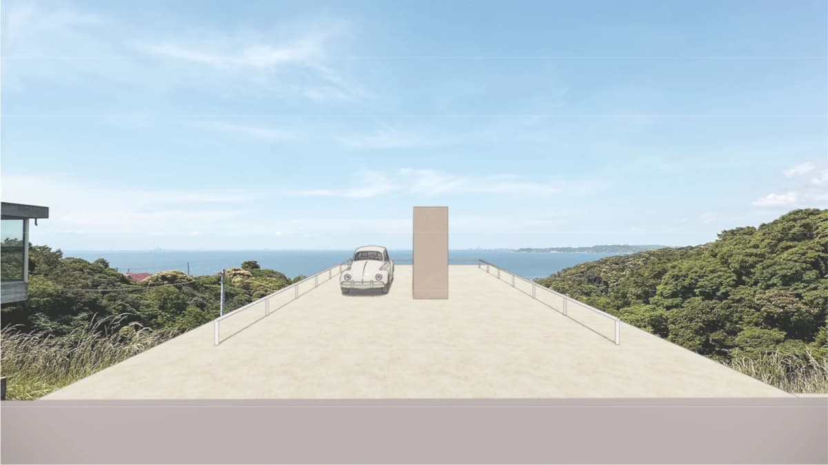 参考建築パース：前面道路側から海へ向かう人工地盤と入口の構想
