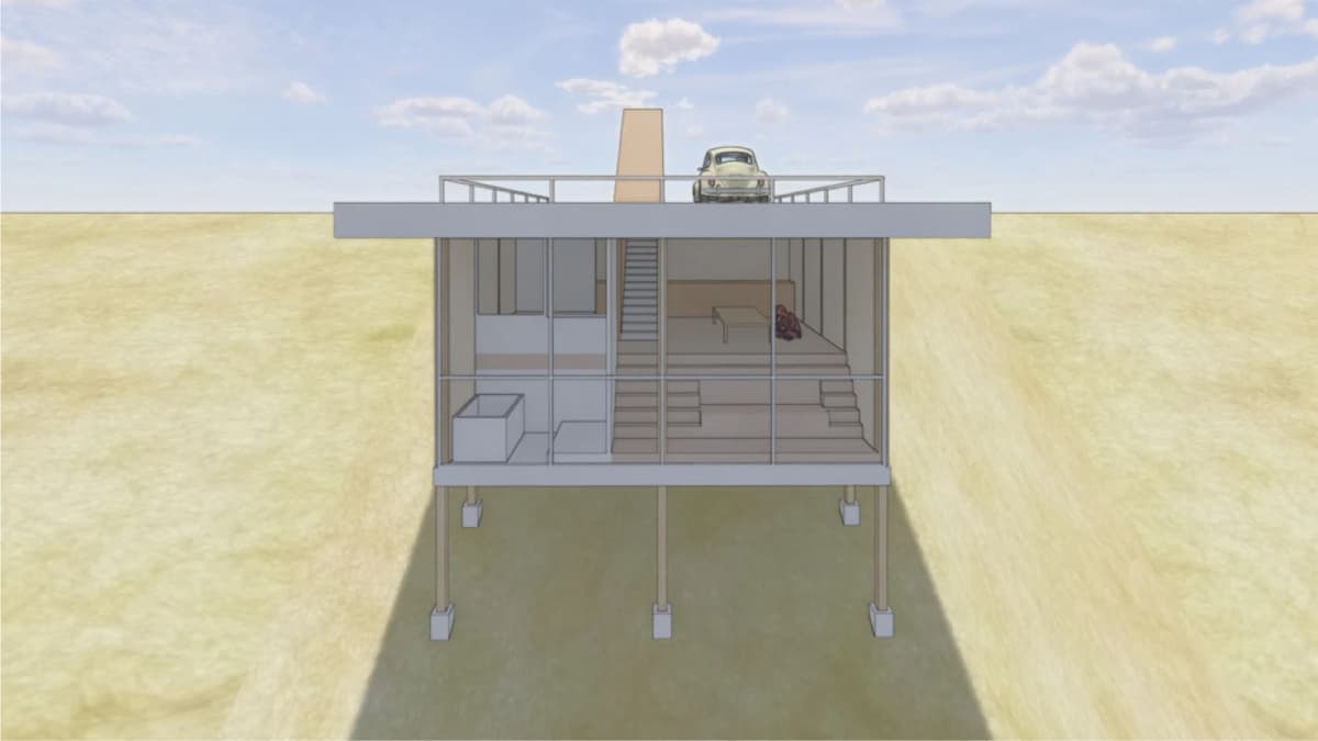 参考外観パース：海側から見た、斜面に沿って配置する建物と人工地盤の構想