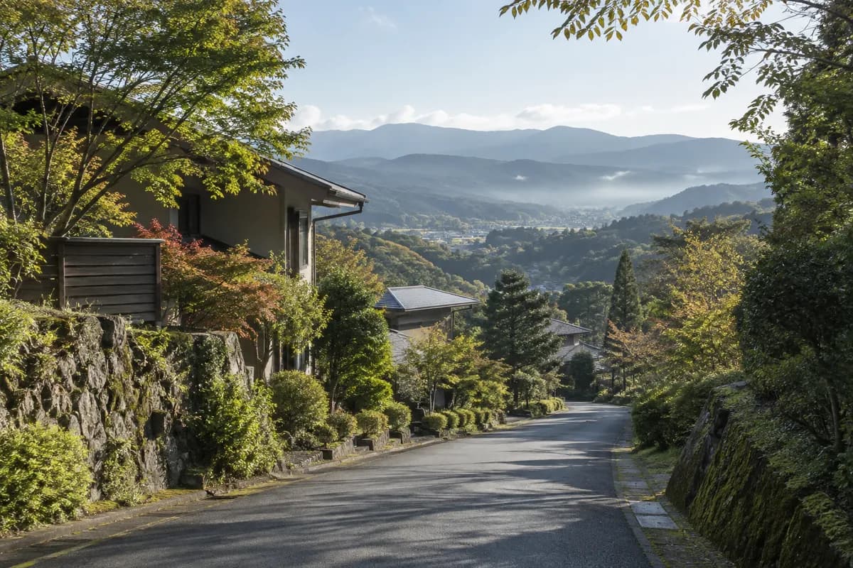修善寺ニュータウンの地域の雰囲気を表現したAI生成イメージ（実際の現地写真ではありません）